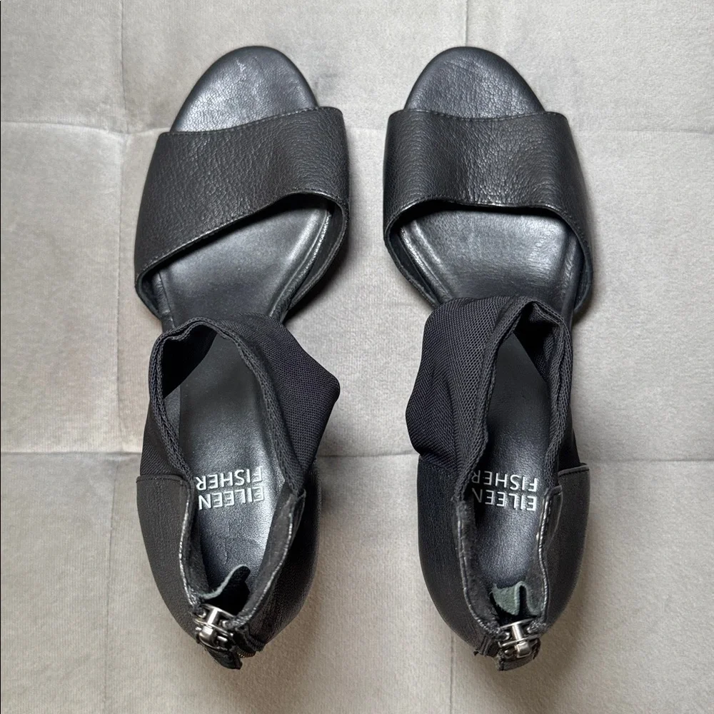 Eileen Fisher Corona Mid-Wedge Black LeatherSandals Size 6.5 NWOT
